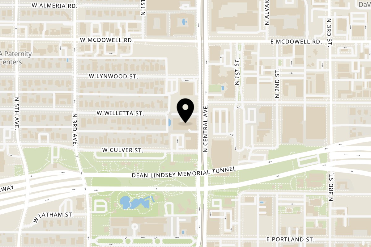 Map showing the location of Throne Brewing & Pizza Kitchen Phoenix on 1326 N Central Ave in Phoenix